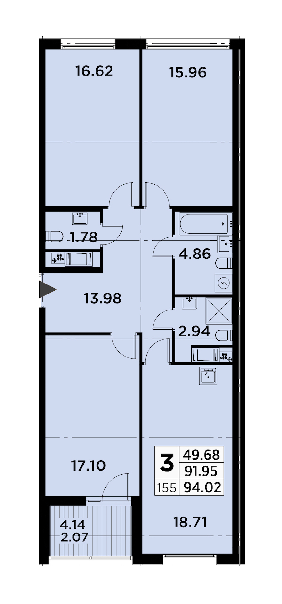3-комнатная квартира 94.02 м², 13/14 эт., ЖК «GloraX City Zanevsky»